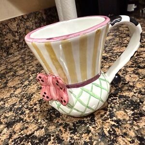 Mackenzie Childs Collectors May Mug Striped Mug with Pink Butterfly